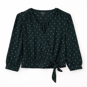 Madewell Forest Green Polka Dots Top Tie 3/4 Sleeves Modest Cottagecore Coquette